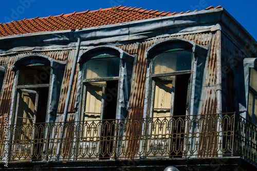 View of the facade of modern buildings in the downtown area of Lisbon, the hilly coastal capital city of Portugal and one of the oldest cities in Europe 