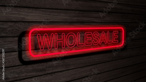 Wholesale red color neon fluorescent tubes signs on wooden wall. 3D rendering, illustration, poster, banner. Inscription, concept on gray wooden wall background.