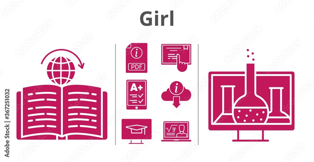 girl set. included chemistry, ereader, professor, pdf, learning, touchscreen, information, student-desktop icons. filled styles.