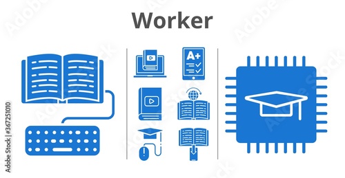 worker set. included ereader, chip, ebook, homework, learn, elearning, learning icons. filled styles.