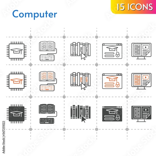 computer icon set. included chip, ebook, homework (1), homework, book, login icons on white background. linear, bicolor, filled styles.