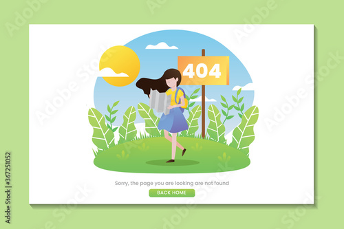 404 error landing page with woman lost in nature searching direction on map