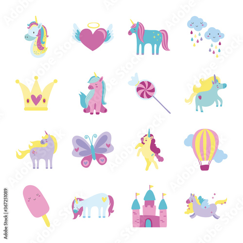 bundle of fairytale unicorn set icons