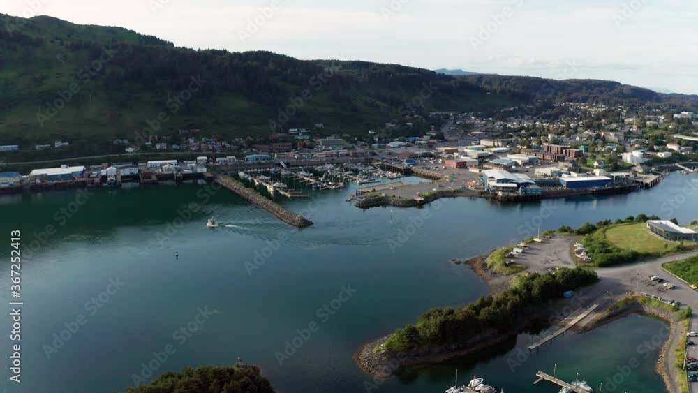 Aerial View Over The Town and Waterfront of Kodiak Alaska Aerial View Over The Town and Waterfront of Kodiak Alaska