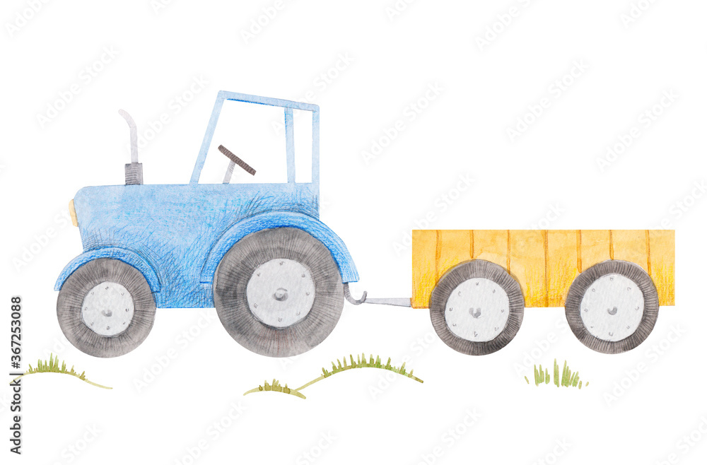 Fototapeta premium Beautiful stock illustration with cute watercolor blue farm tractor.
