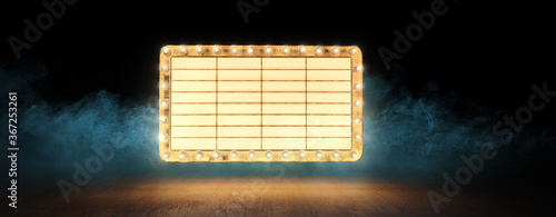 (3D Rendering, illustration) Empty vintage theater sign floating over a wooden background