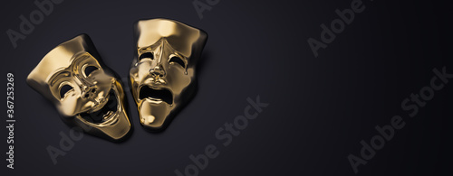 Golden theater masks of drama and comedy on a dark background (3D Rendering, illustration)