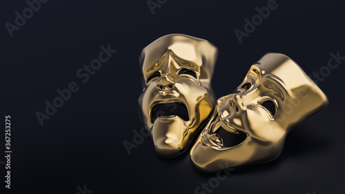 Golden theater masks of drama and comedy on a dark background (3D Rendering, illustration)