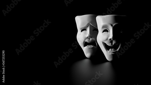 high contrast image of theater masks of drama and comedy on a black background (3D Rendering, illustration)