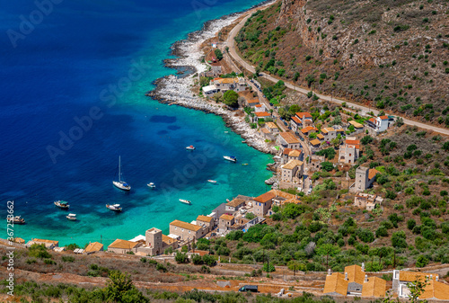 Fototapeta Naklejka Na Ścianę i Meble -  View of Limeni from above. It is a village in Laconian Mani, Greece. It lies on a quite, picturesque beach that attracts many tourists during summertime.