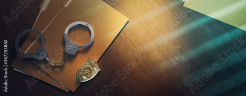Police officer badge with handcuffs on a dark background ( 3D rendering, illustration ) photo