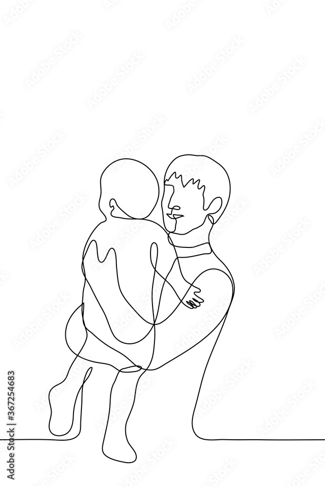 young man stands holding and hugging the baby to him. Vector illustration in the style of one continuous inya drawing. Can be used for animation young man stands holding and hugging the baby to him. Vector illustration in the style of one continuous inya drawing. Can be used for animation