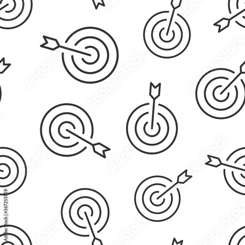 Target aim vector icon in flat style. Darts game illustration on white isolated background. Dartboard sport target seamless pattern concept.