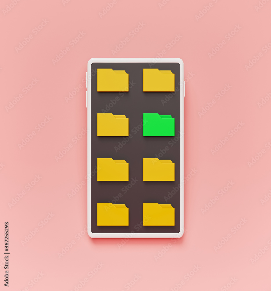Folders on smartphone isolated on pastel pink background. minimal concept. 3d rendering Folders on smartphone isolated on pastel pink background. minimal concept. 3d rendering