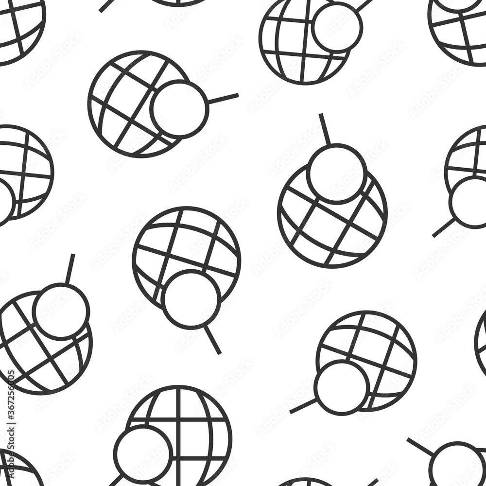 Globe search icon in flat style. Network navigation vector illustration on white isolated background. Global geography loupe seamless pattern business concept.