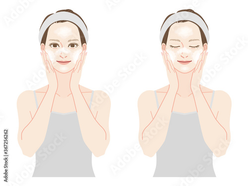 Illustration of a woman washing face.