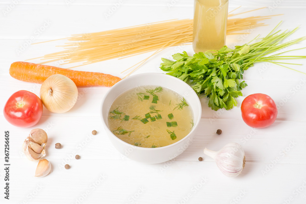 vegetable broth, vegan menu, broth and ingredients for vegetarian soup