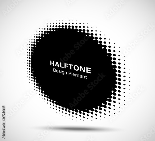 Halftone circle perspective frame abstract dots logo emblem design element for technology, medical, treatment, cosmetic. Round border Icon using halftone circle dots raster texture. Vector.