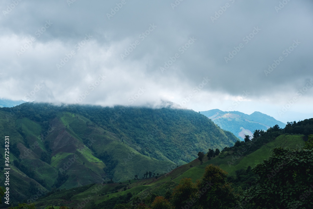 Landscape image of greenery rainforest mountains and hills on cloudy sky
