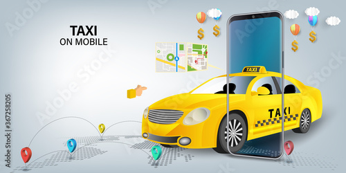 Taxi services mobile app website. application on smartphone. Webpage, app design. vector illustration.