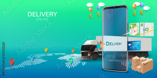Logistics Online delivery service, online order tracking,Delivery home and office. City logistics. Warehouse, truck, forklift, courier. vector illustration.