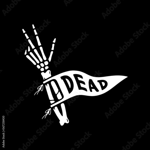 SKELETON HAND WITH PENNANT WHITE BLACK BACKGROUND