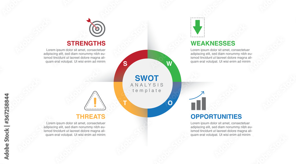 SWOT diagram for business, modern style with Strengths, Weakness, Opportunities, and Threats. presentation vector infographic.