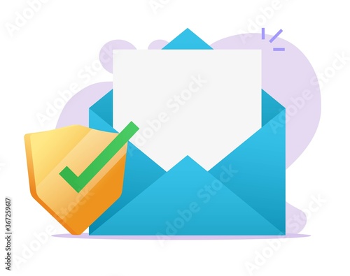 Email document secure shield icon on electronic mail blank empty file, digital protection symbol vector flat cartoon illustration, antivirus security software verified modern