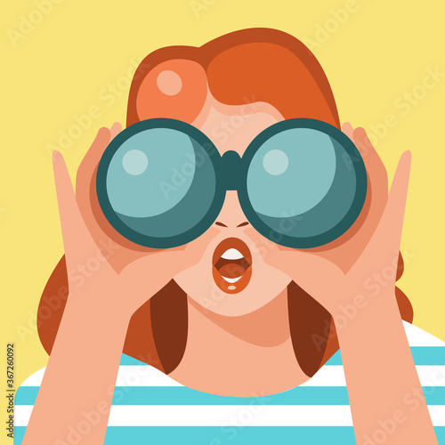 Girl with binoculars in retro style. Wonder. Vector illustration.