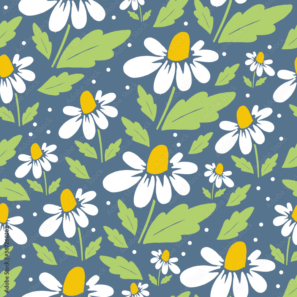 Pattern with daisies on a blue background