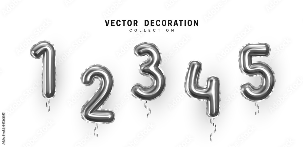 Silver Number Balloons. Foil and latex balloons. Helium ballons. Party, birthday, celebrate anniversary and wedding. Realistic design elements. Festive 3d render, set isolated. vector illustration Silver Number Balloons. Foil and latex balloons. Helium ballons. Party, birthday, celebrate anniversary and wedding. Realistic design elements. Festive 3d render, set isolated. vector illustration