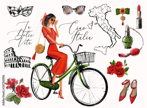 Canvas Print Italy set with fashion girl and sketch accessories
