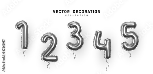 Silver Number Balloons. Foil and latex balloons. Helium ballons. Party, birthday, celebrate anniversary and wedding. Realistic design elements. Festive 3d render, set isolated. vector illustration