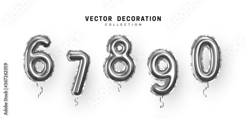 Silver Number Balloons. Foil and latex balloons. Helium ballons. Party, birthday, celebrate anniversary and wedding. Realistic design elements. Festive 3d render, set isolated. vector illustration