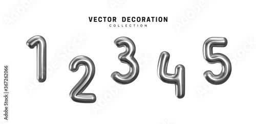 Silver Number Balloons. Foil and latex balloons. Helium ballons. Party, birthday, celebrate anniversary and wedding. Realistic design elements. Festive 3d render, set isolated. vector illustration
