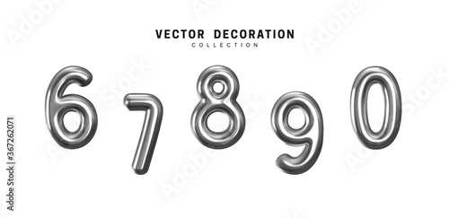 Silver Number Balloons. Foil and latex balloons. Helium ballons. Party, birthday, celebrate anniversary and wedding. Realistic design elements. Festive 3d render, set isolated. vector illustration