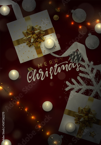 Christmas festive composition with realistic decor objects. Xmas lights garlands, gift box, decorative snowflakes strewn with glitter confetti, burning candles, bokeh lights. view from above. Vector