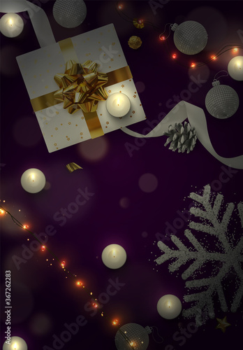 Christmas festive composition with realistic decor objects. Xmas lights garlands, gift box, decorative snowflakes strewn with glitter confetti, burning candles, bokeh lights. view from above. Vector