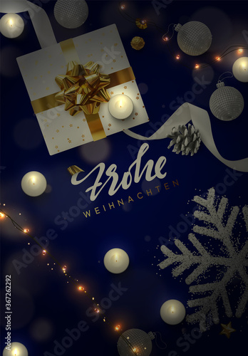 Christmas festive composition with realistic decor objects. Xmas lights garlands, gift box, decorative snowflakes strewn with glitter confetti, burning candles, bokeh lights. view from above. Vector