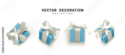 Set of gifts box. Collection realistic gift presents view top, side perspective view. Celebration decoration objects. Isolated on white background. vector illustration