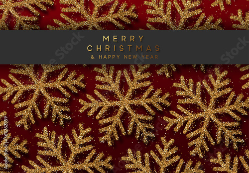 Background golden snowflakes strewn with bright sparkles. Winter festive pattern. Glitter gold snowflakes texture. Christmas backdrop. Xmas decoration. vector illustration