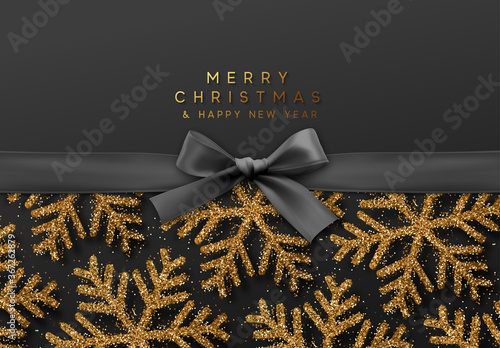 Merry Christmas and Happy New Year. Xmas background with Shining gold Snowflakes. Greeting card, holiday banner, web poster