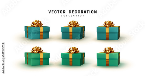 Set of gifts box turquoise color. Collection realistic gift presents with golden fluffy bow. Holiday 3d objects. vector illustration.