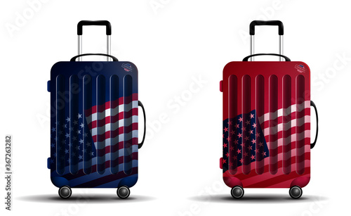 Color travel bag with elements of amrican flag. Suitcase for luggage on wheels. Transportation of things in transport while on vacation. Realistic vector