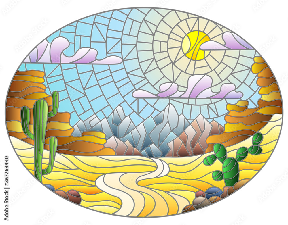 Fototapeta premium The illustration in stained glass style painting with desert landscape, cactus in a lbackground of dunes, sky and sun, oval image