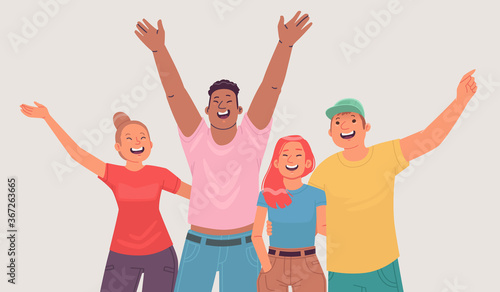 Portrait of happy young people. Cheerful friends, friendly company shows joyful emotions