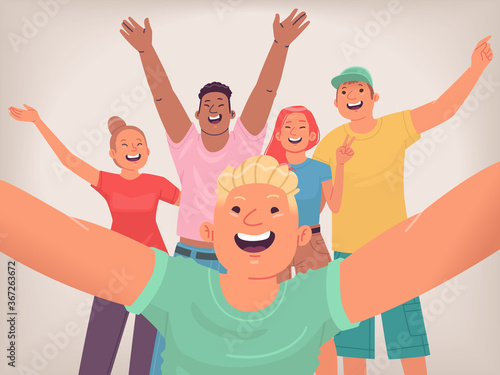 Selfie of happy friends. A group of young people makes a joint photo for social networks. Teenagers are having fun