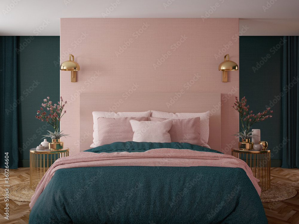 Bedroom interior.Art deco style.Design with green pink and gold color ...