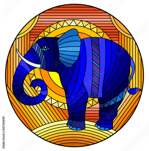 Illustration in stained glass style blue elephant on a  abstract orange geometric background with sun, oval image