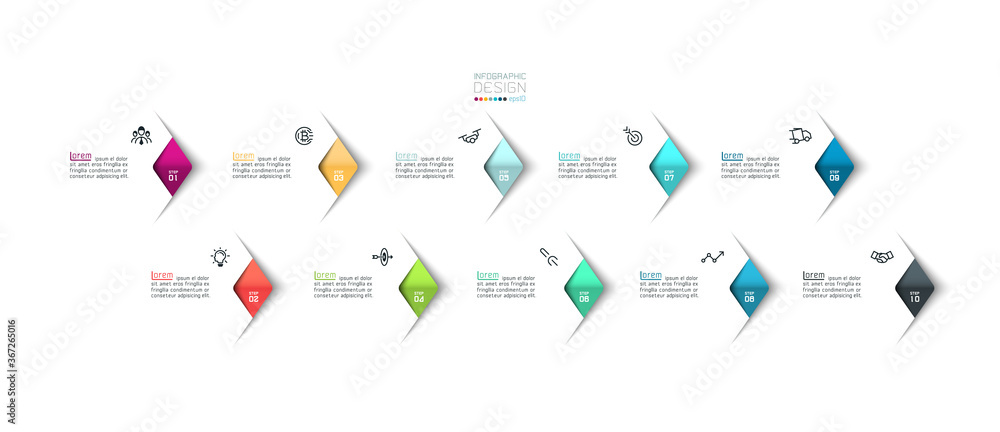 Vector Infographic overlapping arrows placed in horizontal row. with 10 options infographics for business concept. Vector Infographic overlapping arrows placed in horizontal row. with 10 options infographics for business concept.